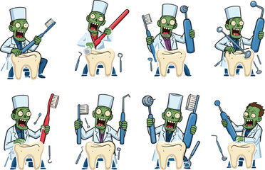 Funny cartoon zombie dentist holding dental tools, tooth illustration, dental care concept, humorous dentist character, dental hygiene, dentist office.