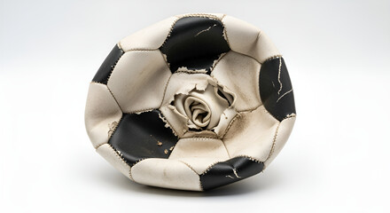 Deflated soccer ball damaged and worn sports equipment football on white background close up studio shot at isolated  white background