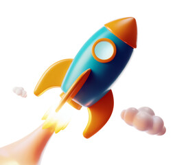 Ignite your projects with this vibrant cartoon-style rocket blasting off into the future! isolated on png transparent background
