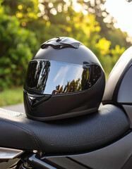 Black motorcycle helmet on a bike seat outdoors.