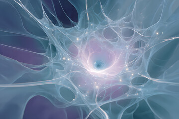 Abstract neural network with luminous core, interconnected translucent lines, symbolizing complex thought, data processing, and advanced scientific concepts