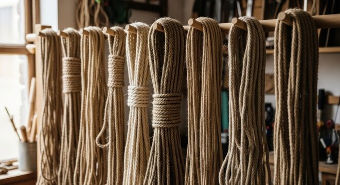 A collection of knotted ropes hang neatly from wooden dowels, showcasing various textures, sizes, and tones, possibly in a craft studio