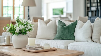 Elegant Living Room with White Sofa Green Pillows and Flower Arrangement on Wooden Table Creating a Cozy Contemporary Home Interior