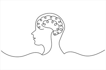 Abstract human brain drawn in a continuous one line art style, perfect for medical, science, and education themes