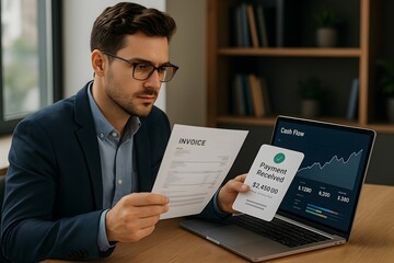 A person meticulously reviewing financial documents on a laptop, the image showing the detailed focus and dedication required in financial analysis. 