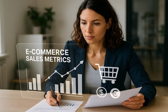 A woman analyzing e-commerce sales metrics, tracking business and growth, surrounded by graphs, charts, and financial data. 