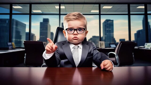 Young boy in a suit gestures assertively while seated at a desk in a modern office, showcasing confidence and authority in a professional environment - Powered by Adobe