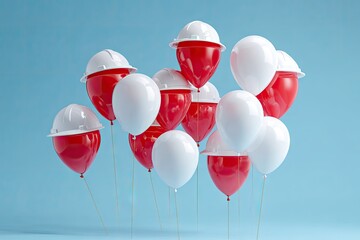 Balloons with construction helmets. Red & white spheres. Celebration theme. Blue backdrop