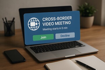 Online cross-border video meeting notification on laptop