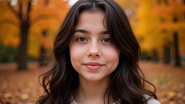 Intense portrait of a beautiful 15 year old Israeli girl looking directly at the camera with autumn colors creating a warm, isolated mood in 4k