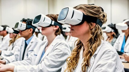 Group of medical students wearing virtual reality headsets in a classroom setting, engaged in immersive learning experience, showcasing advanced educational technology in action - Powered by Adobe