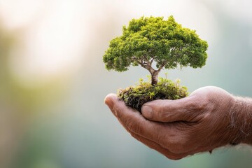 A small, vibrant tree nestled in cupped hands, symbolizing care for nature and growth