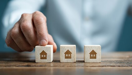 Hand selecting a wooden house block amongst others, representing real estate