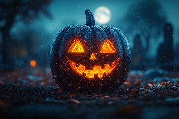 Naklejka premium Creative halloween banner with traditional symbols orange pumpkin wizard hat black cat jack o lanterns, Generative AI