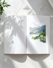 An open book displays a serene landscape photograph of misty mountains and blooming branches.