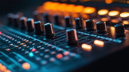 Close-up of a pro audio mixer with glowing controls and faders in a recording studio at night