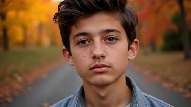 Intense gaze of a 19-year-old Israeli boy, a captivating close-up portrait against a blurred autumn backdrop in stunning 4k video footage