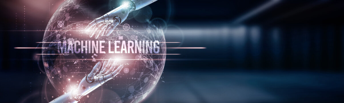 Hand of robot hold machine learning on global network connection, artificial intelligence systems, predictive analytics, data-driven insights, deep learning models, intelligent technology integration.