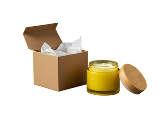  Yellow Candle in Glass Jar with Wooden Lid and Cardboard Box Isolated on Transparent Background