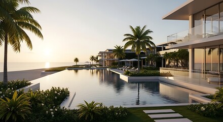Luxury beachfront villa with infinity pool at sunset