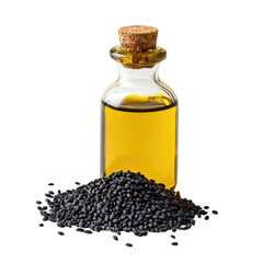 Isolated Black Seed Oil Bottle with Seeds on Solid Surface on Transparent Background