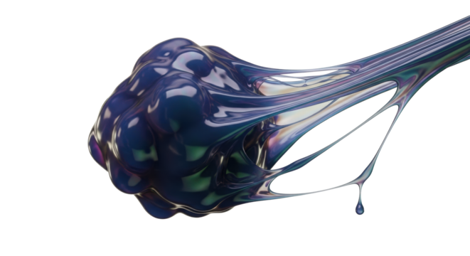 Iridescent indigo liquid glob with viscous, trailing tendrils, reflecting purple, blue, green hues on transparent background with copy space, abstract fluid dynamics concept