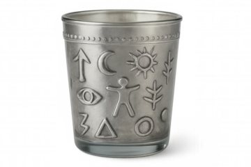 Vintage pewter drinking vessel featuring intricate embossed mythical symbols depicting celestial, natural, and geometric elements, set against transparent backdrop