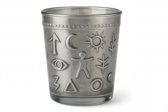 Vintage pewter drinking vessel featuring intricate embossed mythical symbols depicting celestial, natural, and geometric elements, set against transparent backdrop - Powered by Adobe