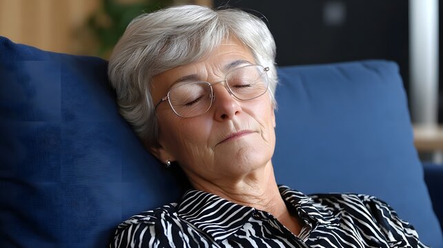 An elderly woman resting peacefully on a couch.