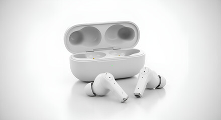 White wireless earbuds with open charging case product shot for online store and e commerce platform use at isolated  white background