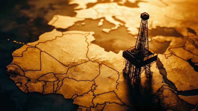 Oil rig on map of continent symbolizes energy exploration and production