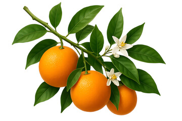Orange Branch with Fruits, Leaves, and Blossoms, Isolated on transparent background
