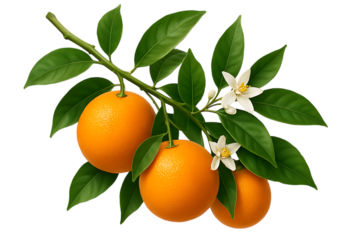 Orange Branch with Fruits, Leaves, and Blossoms, Isolated on transparent background

