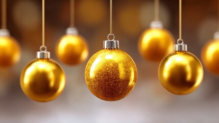 Gold ornament hangs from a string, with a single gold ornament hanging from the middle. The other ornaments are also gold and are hanging from the same string. Concept of festivity and celebration