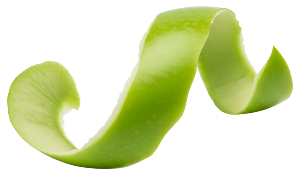 Explore fresh green apple peel spiral macro photography for culinary design ideas on transparent background