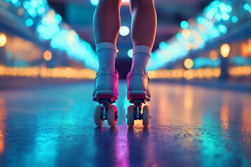 Fototapeta premium Person Wearing Shiny Roller Skates Dancing Indoors With Neon Lights Retro Disco Vibes And Fun Motion Generative AI