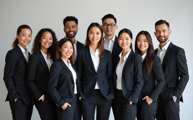 A diverse group of businesspeople poses for a professional team photo, exuding confidence and professionalism, while looking smart and impeccable. Generative AI. High quality