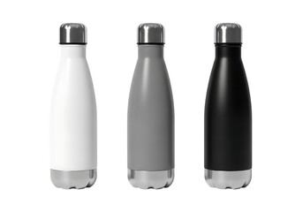 Thermos insulated bottles in three colors Isolated on transparent background

