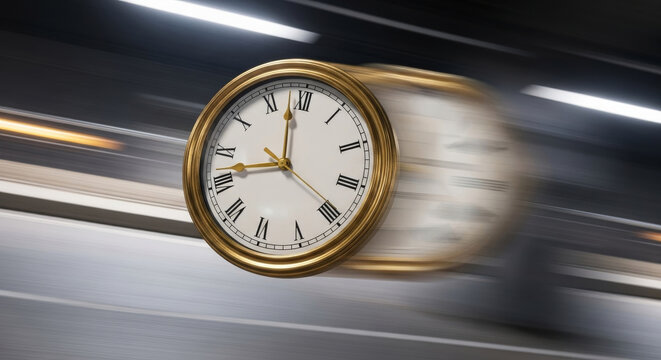 Surreal image of a clock speeding through a blurred background, symbolizing time flying and the fast passage of life.