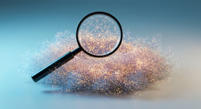 A magnifying glass inspects a digital cloud of glowing particles, representing data analysis, big data, and technological research
