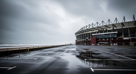 Empty parking lot in front of a large stadium on a cloudy day with the ocean in the background