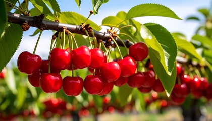 Obraz premium Ripe cherries on branch with orchard.