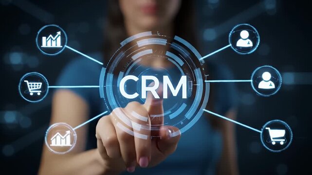 Woman Interacting with Futuristic CRM Interface
