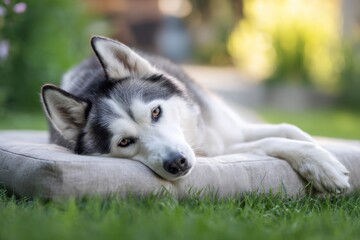 Obraz premium Siberian Husky lying on a neutral outdoor dog bed in the garden. Ideal for pet lifestyle, dog care, backyard living, and pet product marketing