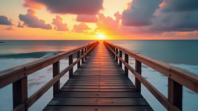 A long wooden pier stretching out into the ocean, suitable for use in coastal or nautical themed scenes
