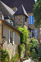 Strolling down Rue Montaigne in Sarlat reveals beautiful stone buildings adorned with flowers and greenery. The sun shines brightly, enhancing the quaint atmosphere of this historic French town.