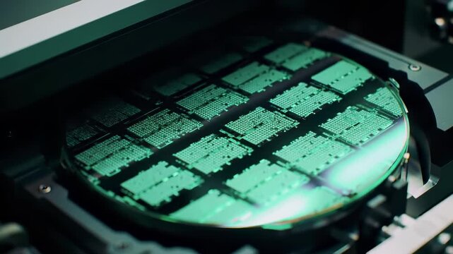 Silicon semiconductor wafer with microchip dies under green lighting in cleanroom manufacturing environment. Advanced electronics production, integrated circuit fabrication, and tech industry.