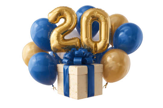 happy birthday greeting card - Golden number 20 text balloon surrounded by brown, golden and blue balloons with gift box for celebration anniversary events, isolated on transparent background png