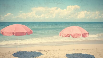 Two pink beach umbrellas on sandy shore, ocean background.