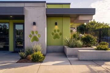 Contemporary veterinary or pet daycare building with green facade and paw print signage, ideal for animal care, business, and lifestyle themes